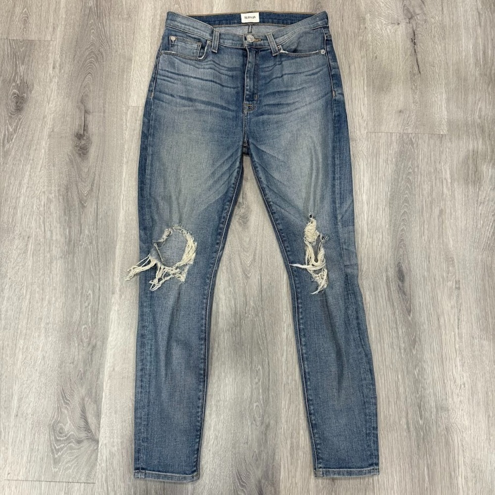Hudson Womens Blue Distressed Skinny Jeans Ripped Knee Stretch Denim‎ Size 28